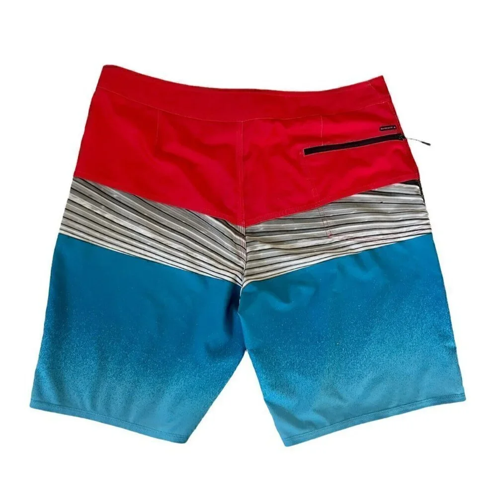 Quiksilver High-Line 4 Way Stretch Men's Sz 34 Red Blue Boardshorts